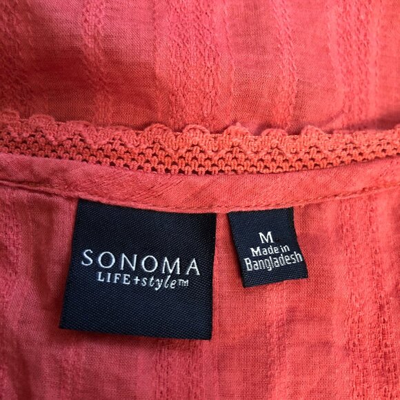 Sonoma Coral Cotton Blouse Womens Size Medium Button Front V-Neck Boho Top - Picture 6 of 9